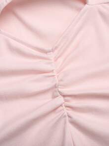 SHEIN Tween女孩休閒極簡舒適素色露背無袖連身褲 - 卡其色 - 查看 4