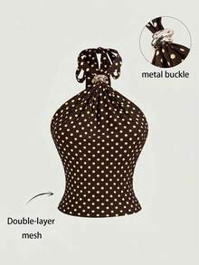 SHEIN MOD Women's Polka Dot Pattern Metal Decor Halter Neck Tank Top - Multicolor - View 2