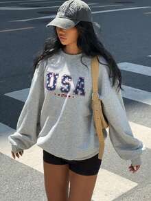 SHEIN EZwear 休閒簡約美國日字母美國國旗圖案印花圓領長袖寬鬆女款運動衫，適合春夏季 - 淺灰色 - 查看 5