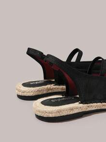 Styleloop Black Satin Back Strap Round Toe Straw Woven Flat Slouchy Shoes, Breathable And Comfortable Shoes - Black - View 4