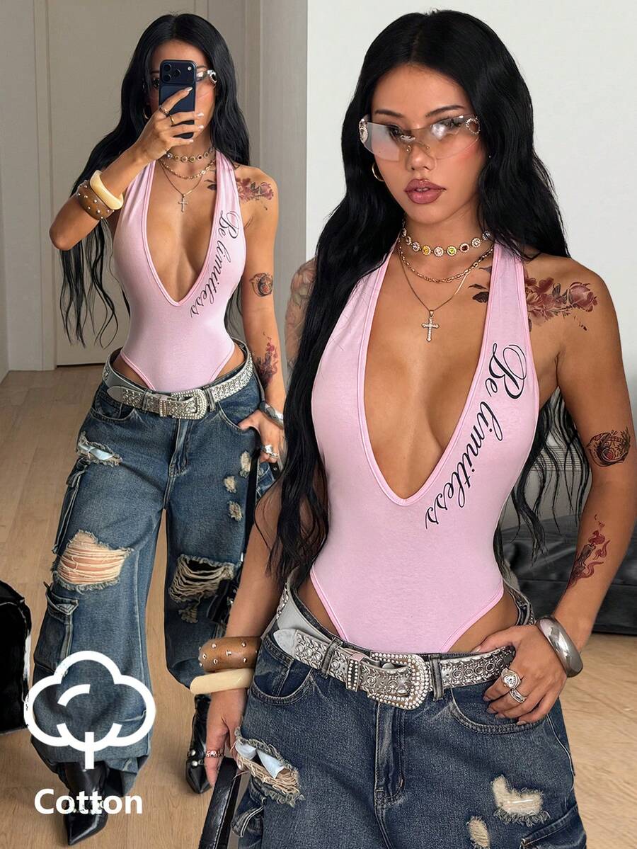 Coolane Women's Summer Going Out Chic Letter Streetwear Print Deep V Sexy Halter Neck Pink Bodysuit