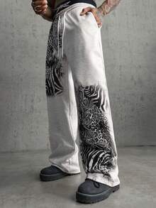 AXEPEAK Pantalones de chándal casuales para hombre con estampado de cebra & leopardo y cintura con cordón - Gris - Ver 5