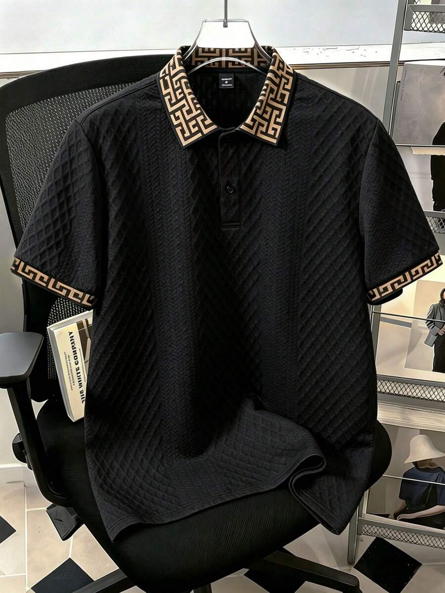 Daypath Men's Knitted Jacquard Textured Ribbed Collar & Cuffs Polo Shirt, Formal - Black - View 1