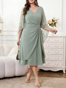 Reflora Plus Size Elegant Party Solid Color Lace Patchwork Dress - Green - View 5