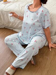Napfluff CURVE Napfluff CURVE Plus Size Women's Round Neck Ruffle Trim Blue Striped Cherry Print Ribbed Knit Casual Romantic Pajama Set 2pcs - Blue - View 4