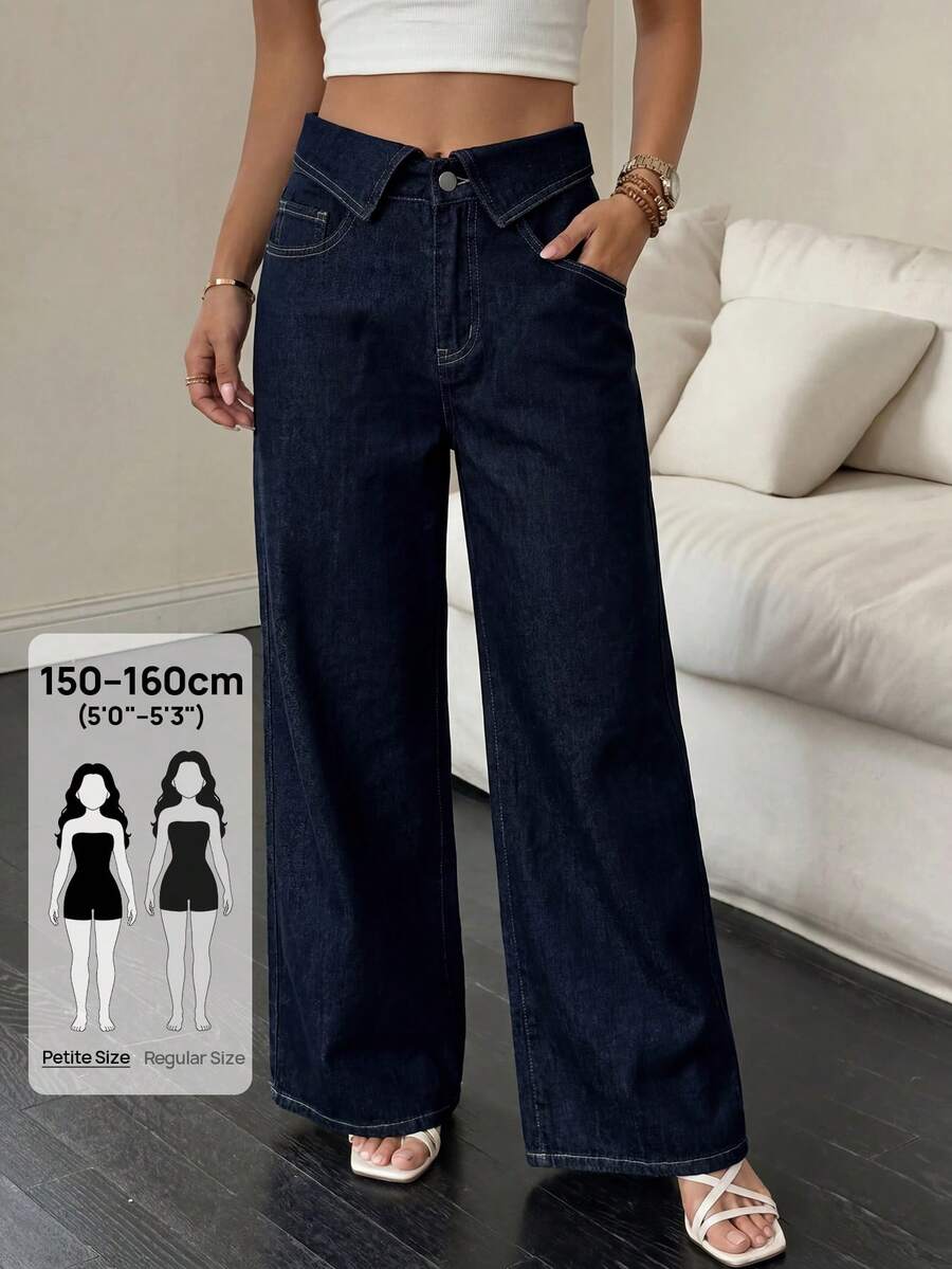 SHEIN PETITE 娇小款女士高腰翻领阔腿牛仔裤，休闲日常街头风女裤，夏季外出休闲穿搭 - 深色水洗藍 - 查看 1