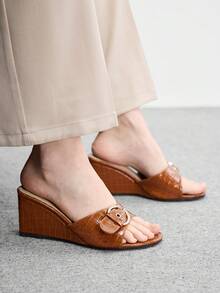 CUCCOO BIZCHIC 女款楔形涼鞋，休閒露趾厚底夏季鞋，舒適扣環帶設計，草編底波希米亞風度假鞋 - 棕色 - 查看 4