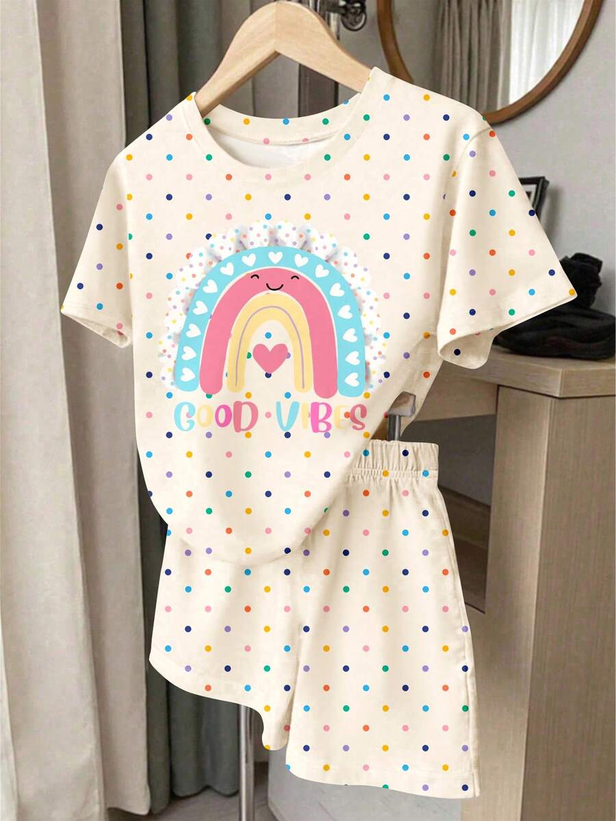 青少年女孩休閒簡約卡通圖案短袖上衣與短褲兩件套,適合夏季 - 彩色 - 查看 1