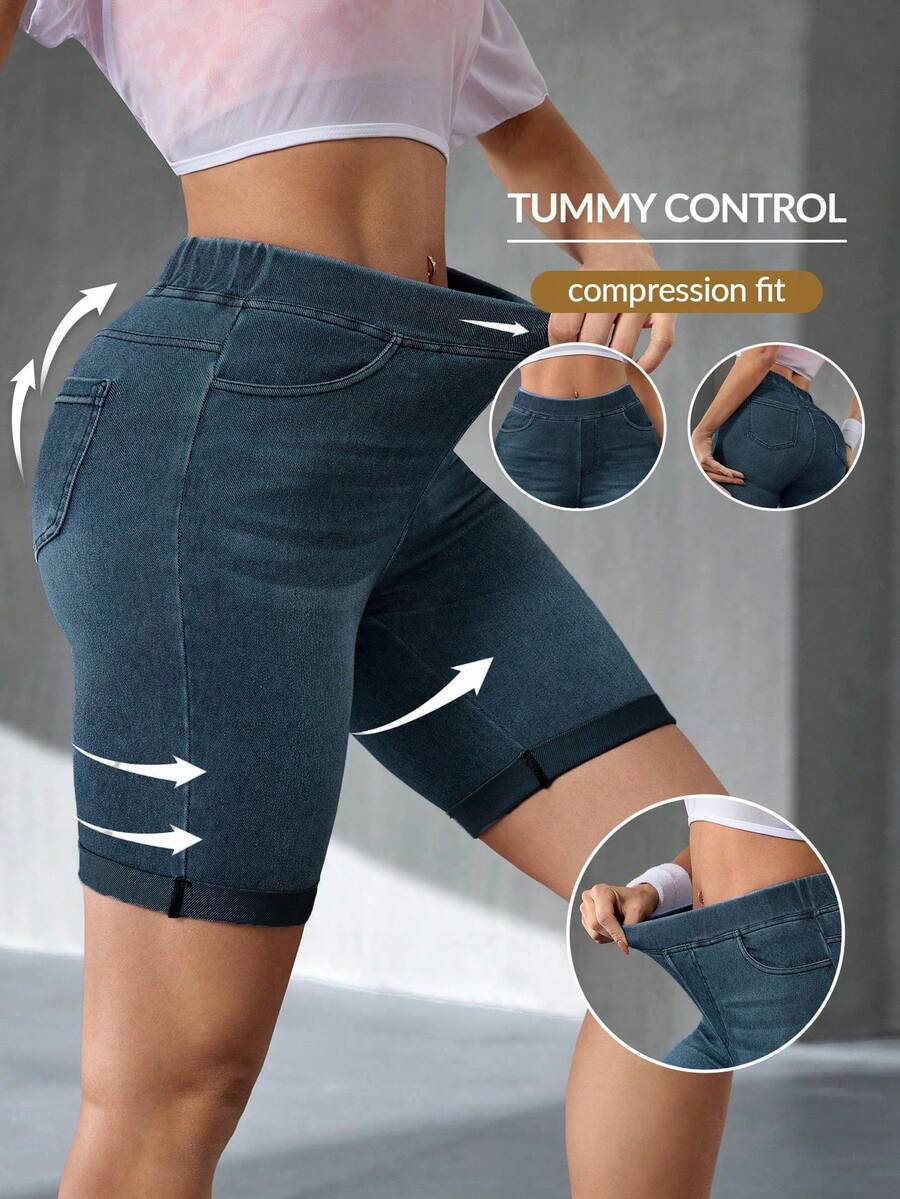Flexra Stretchy Slimming Mid-To-High Waist Denim Shorts Gym Dark Blue Summer Casual Sporty - Dark Wash - View 1