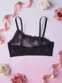 Elorette Sujetador romántico francés elegante y exquisito para mujer, negro, sin relleno, de malla y encaje con patchwork, transparente, con cuello asimétrico - Negro - Ver 9