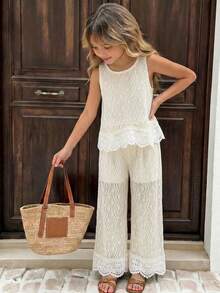 Young Girls 2 Pieces Set Sleeveless Solid Color Round Neck Lace Trim Scalloped Edge Top And Long Pants - Apricot - View 3