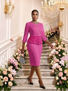 Fleurora Elegantes Set in Große Größen mit geraffter Taille, kurzärmeliger Bluse und allover bedrucktem Halbrock in Rosé-Rot, 2-teilig, Business-Casual für Damen - Heißes Pink - Übersicht 4