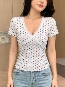 Livesso 女款愛心印花蕾絲飾邊夏季睡衣上衣 - 白色 - 查看 4