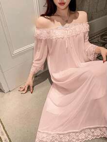 DAZY Lace Patchwork Off-Shoulder Loose Nightgown Women's Loungewear Dress Summer Pajamas - Baby Pink - View 4