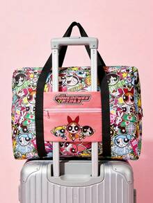 THE POWERPUFF GIRLS X SHEIN 1個可愛卡通角色圖案可收納旅行袋、海灘袋，適合通勤、運動、休閒、出遊，大容量，適合男士、女士和學生，可固定在普通行李箱推車上，友誼、泡泡、毛絨、花朵 - 彩色 - 查看 3