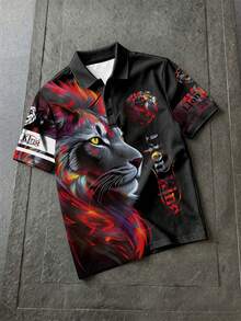 Manfinity LEGND 成熟街頭風 3D 火焰獅王印花 Polo 衫，復古經典街頭風 3D 獅頭印花 Polo 上衣 - 彩色 - 查看 3