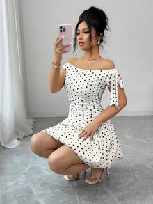Elenzga 女士新款夏季波点印花无袖吊带蝴蝶结不对称优雅浪漫休闲度假白色连衣裙 - 白色 - 查看 4