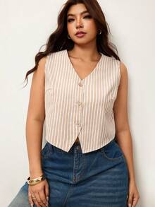 Enliva Plus-Size White Lightweight Vest, Women's Office Brunch Bussines Evening Attire, For Apple And Rounded Body Shape Teachers' Day Summer Casual Elegant - Khaki - View 7