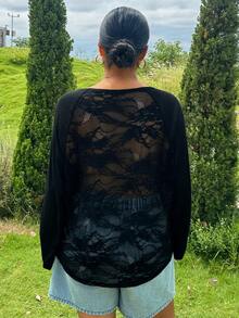 Dazy Plus Solid Color Large Scoop Neck Half-Open Placket Long Sleeve T-Shirt Spring/Summer - Black - View 6