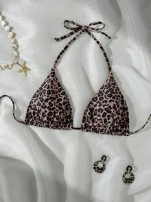 Slaydiva Plus Size Women's Leopard Print Halter Neck Bikini Triangle Top For Beach Vacation - Coffee Brown - View 3