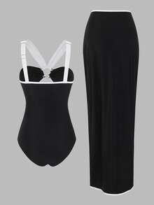 Swim Oasis 女款 2 件組波希米亞風吊帶沙灘裝新品，時尚比基尼泳衣套裝，性感度假風，復古性感印花細肩帶比基尼套裝，紋理面料，可調節肩帶，夏季海灘度假風，優雅復古，海灘度假新年新款一件式泳衣泳裝，性感優雅高級款 - 黑色 - 查看 3