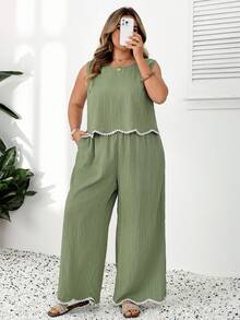 SHEIN CURVE+ Plus Size Women's Round Neck Sleeveless Shirt And Pants Casual Boho Formal 2 Pieces Set Vacation Sage Green Summer Beach Brunch - Green - View 4