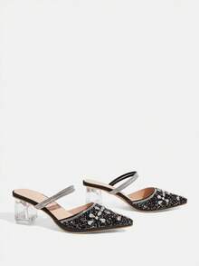 CUCCOO TILAWA Sepatu hak tinggi wanita berwarna hitam dengan hiasan kristal dan rhinestones yang modis dan elegan, cocok untuk perjamuan, pesta, dan acara lainnya. - hitam legam - View 3