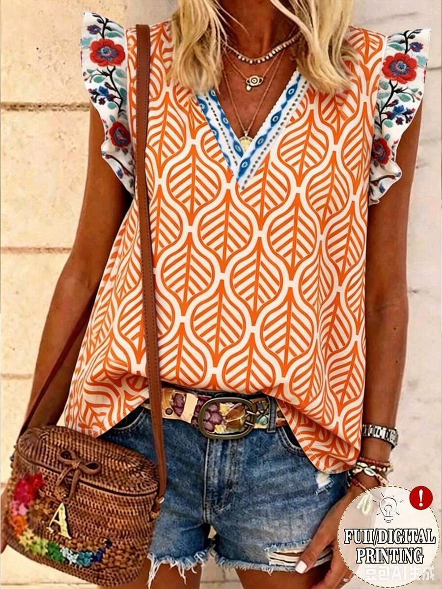 EMERY ROSE Blusa de mujer con estampado floral, cuello en V y mangas acampanadas para vacaciones - Multicolor - Ver 1
