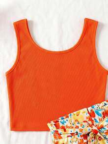 SHEIN Tween女孩黑色背心與豹紋紙袋短褲2件套 - 橘色 - 查看 7