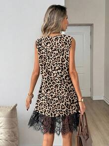 Easowa Women's Leopard Print Lace Patchwork Casual Dating Party Mini Dress - Multicolor - View 5