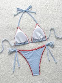 Soleia Women's Leopard Print Colorblock Lace-Up Beaded Decor Bikini Two Pieces Set For Vacation - Multicolor - View 2