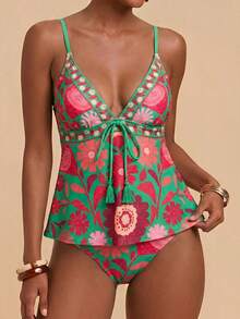 Travachic Women's Summer Beach Floral Print Tankini Set With Camisole Top - Green - View 1