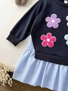 LMoss Kids 少女針織素色圓領拼接梭織條紋休閒洋裝 - 彩色 - 查看 3