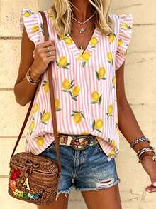 EMERY ROSE Women's Vacation Striped Fruit Print V-Neck Flutter Sleeve Blouse - Multicolor - View 4