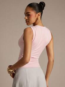Hauture Women's Solid Color Pleated Slim Fit Versatile Daily Outing Top - Baby Pink - View 5