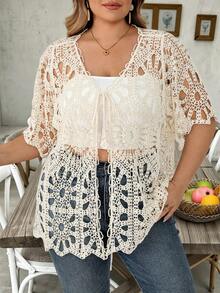 SHEIN CURVE+ Plus Size Women's Solid Color Tie-Front Casual Versatile Daily Outing Cardigan - White - View 9