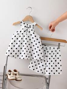 SHEIN 度假季 4-7 歲女童 扶桑花海灘夏季時尚掛脖短褲 2 件套 - 白色 - 查看 2