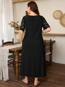 Lacomfia Spring/Summer Elegant Casual Dyed Lace Patchwork V-Neck Pullover Loose Fit Versatile Knit Jacquard Plus Size Women Long Dress - Black - View 2