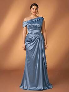 Serin Plus Size Gray-Blue Off-Shoulder Ruched Twist Drape Asymmetric Hem A-Line Formal Evening Gown, Bridesmaid Dress, Mother Of The Bride Dress - Dusty Blue - View 2