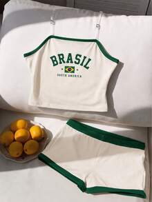 Girls Y2K Back To School Beach Summer Yellow White Set /Set - Apricot - View 4