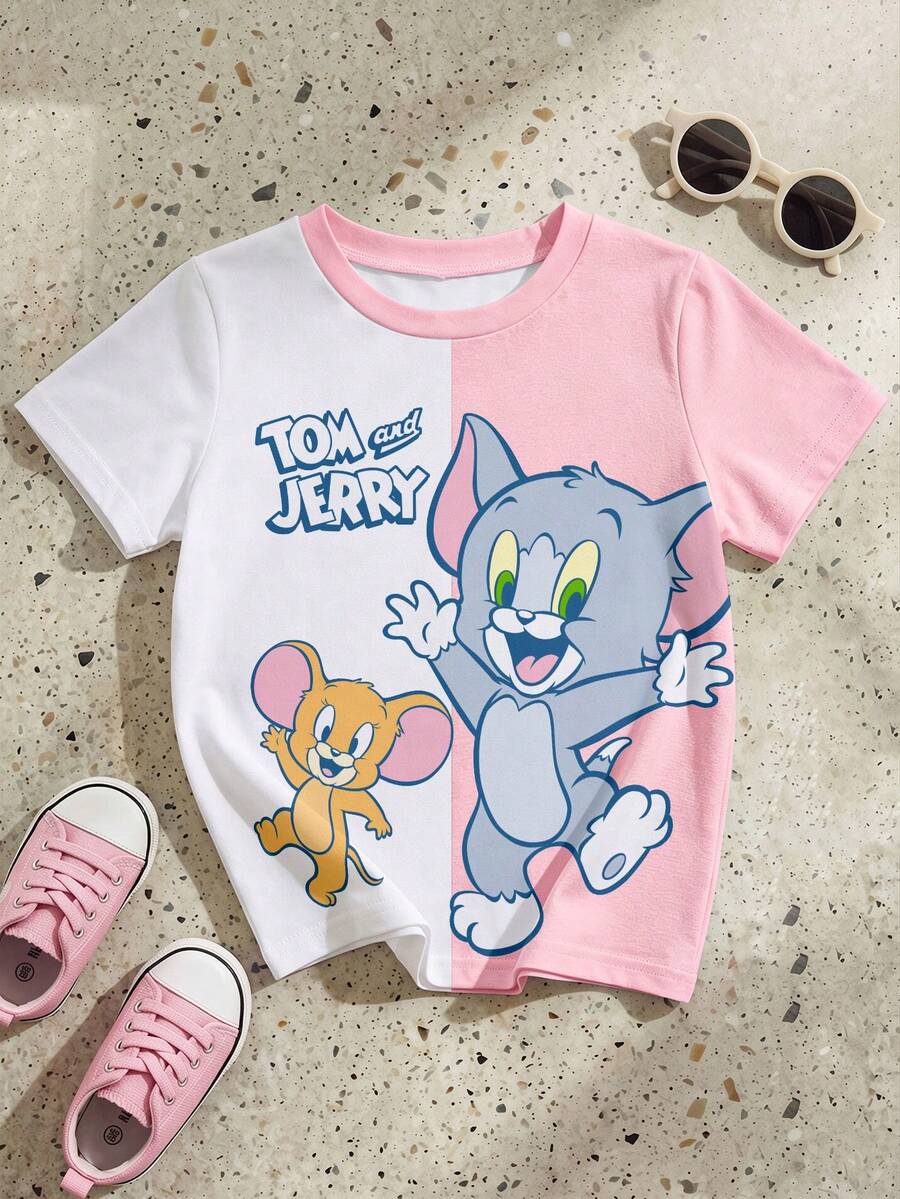 TOM & JERRY X SHEIN GraphicGems 1件套女婴休闲可爱卡通印花撞色夏季针织图案圆领短袖T恤和配套短裤,适合夏季穿着 - 彩色 - 查看 1