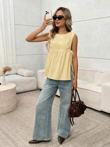 Easowa Women's Solid Color Round Neck Side Tie Casual Boho Tank Top Vacation Pale Yellow Summer Vacation Vacation Vacation Vacation Brunch - Light Yellow - View 2