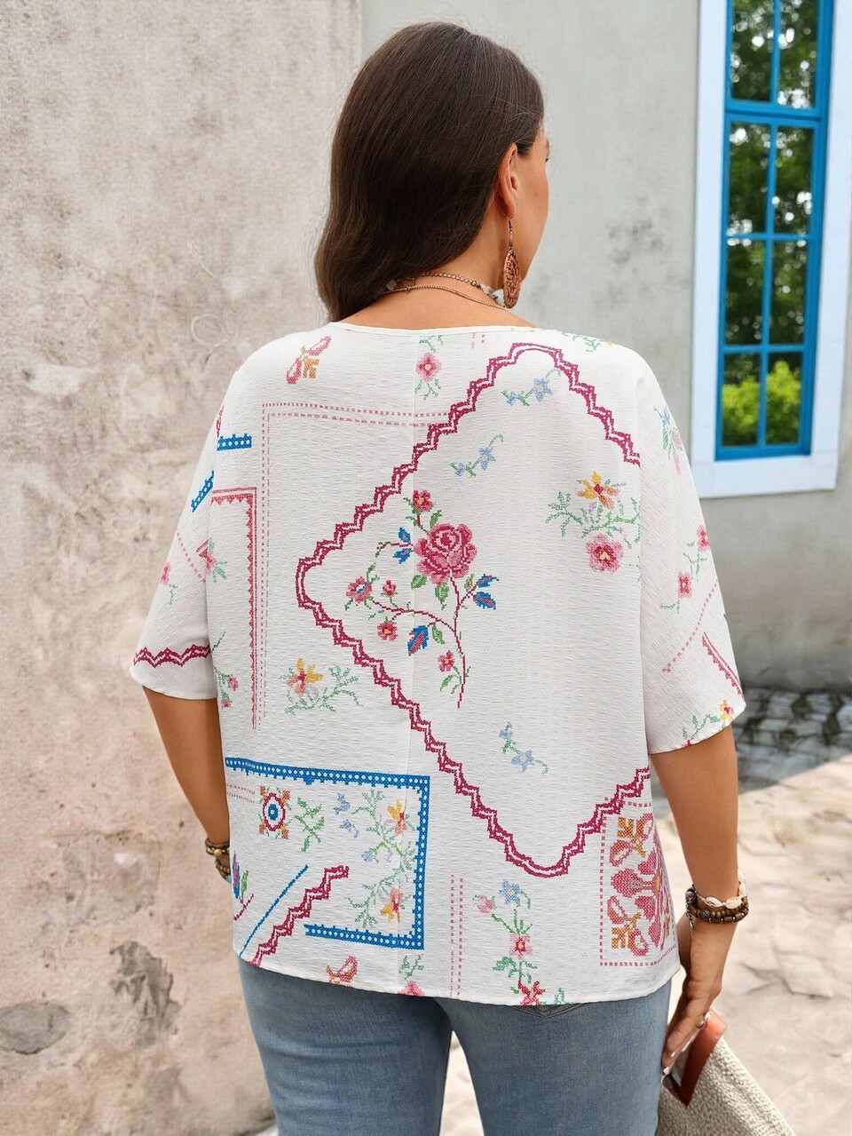 Plus Size Floral Print V-Neck Casual Shirt, Spring/Summer Outfit For Women Festival Outfits Beach Vacation Holiday Country Concert Brown Boho Summer