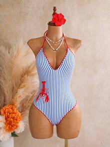 Swim Mod 女款 2026 春夏新款條紋龍蝦圖案印花荷葉邊掛脖露背一件式泳衣 - 彩色 - 查看 4