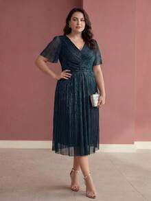 MOTF PREMIUM PLUS SIZE ELEGANT PLEATED DESIGN MID-LENGTH ELASTIC DRESS, SUMMER - Teal Blue - View 5