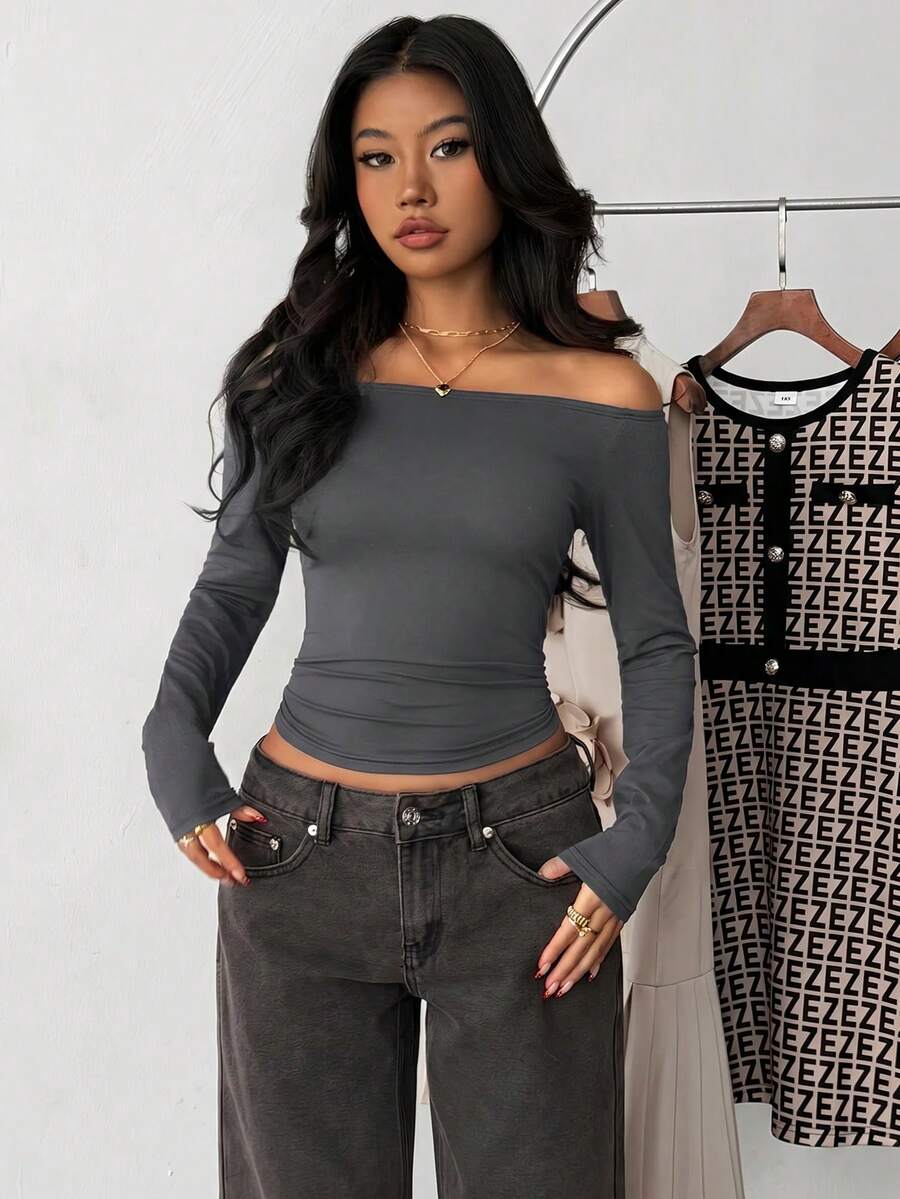 Black Off-Shoulder Fitted Casual Long Sleeve Basic Base Layer T-Shirt - Dark Grey - View 1