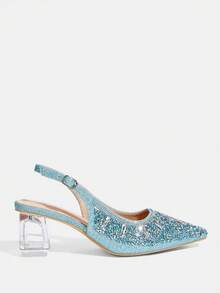 CUCCOO TILAWA Women's Crystal Heel Glass Rhinestone Pointed Toe Blue High Heel Pumps, Suitable For Outings, Banquets, Parties And Other Events - Ice Water - View 2