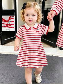 SHEIN Playful Pals 1pc Baby Girl Red Striped Casual Dress, Ribbed Collar & Cuffs, Smiling Cherry Print, Suitable For Casual Wear, Outings, Sports, Parties - Red - View 2