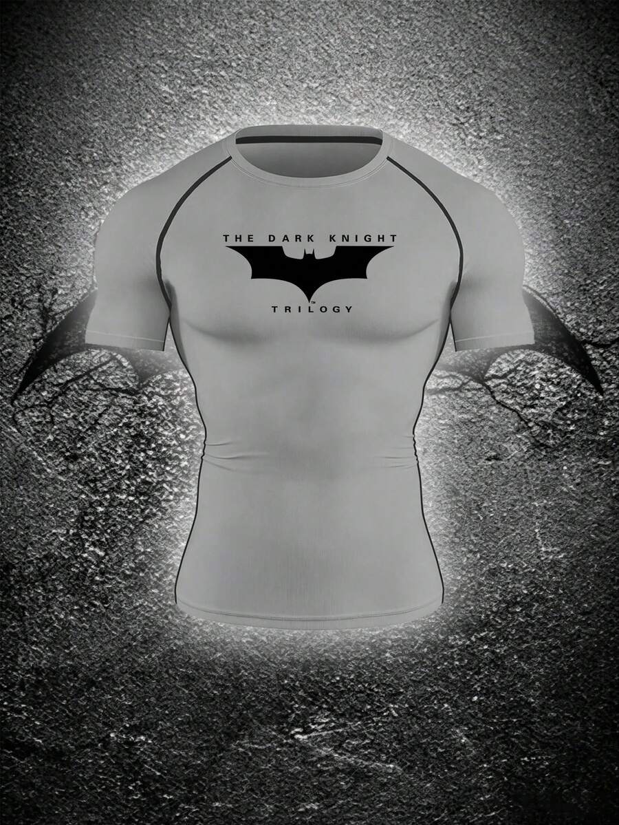BATMAN X SHEIN 男士字母印花休閒百搭日常旅行運動健身T恤 - 灰色 - 查看 1