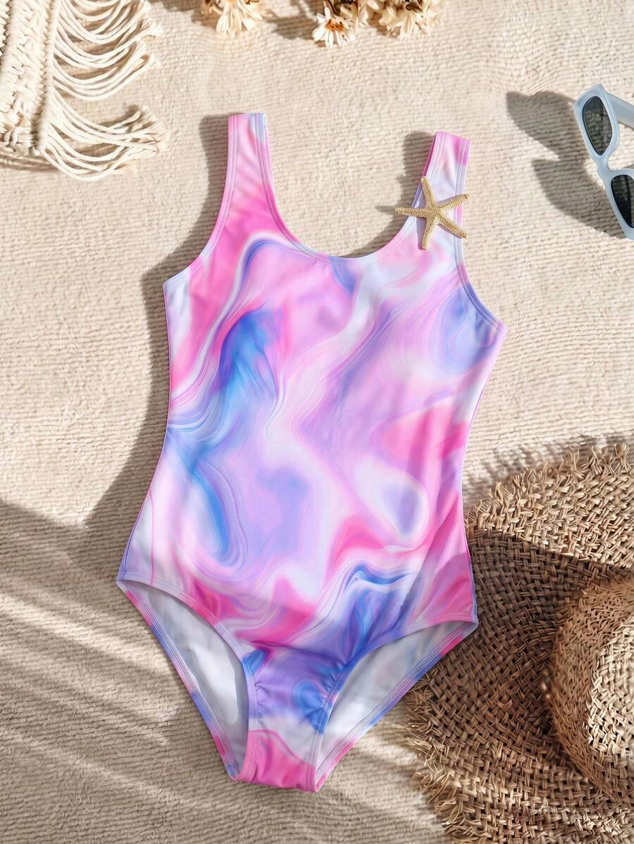 SHEIN 适合海滩度假的少女扎染印花连体泳衣